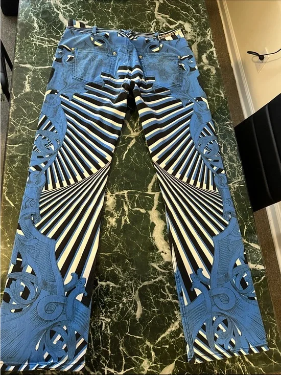 Versace Blue, Black & White Striped Pants - Picture 3 of 3